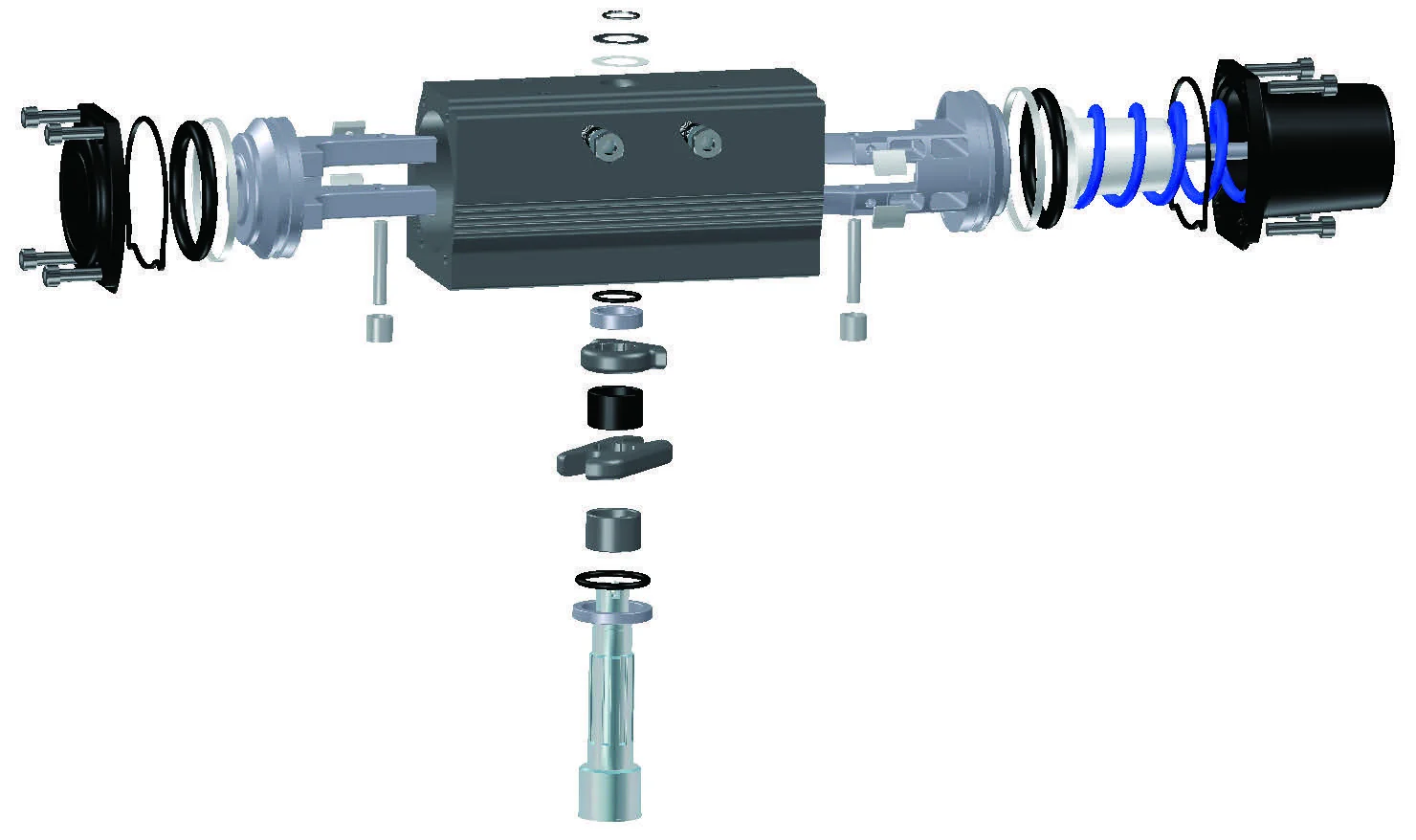Exploded view of a KOSAPLUS scotch yoke actuator: body, pistons, springs, stem and end caps